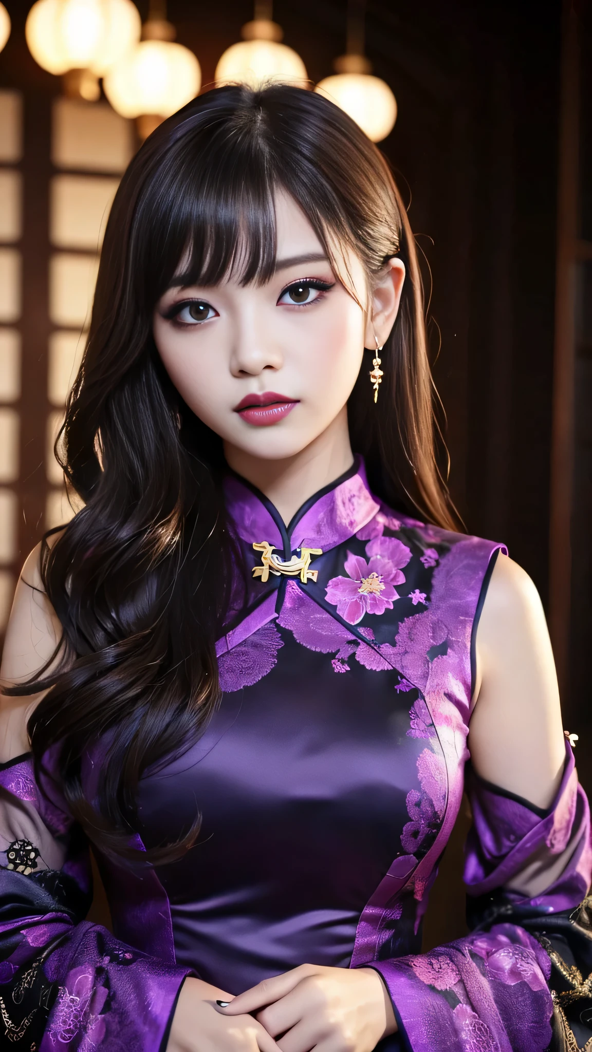tra-detailed、Japanese、Attractive beauty、seductive adult woman、Pretty Woman、cool girl、brown hair、wavy hair、swept bangs、piercing eyes、hollow eyes、half-closed eyes、Hollow Eyes、Purple Eyeshadow、black lipstick、black lip gloss、dark makeup、smirk、Whisper in my ear、Evil expression、Long Black Cheongsam、Black wide sleeves、Evil cadres、Fallen into evil、brainwash、mind control、evil、Church at night、Swear allegiance、Are standing