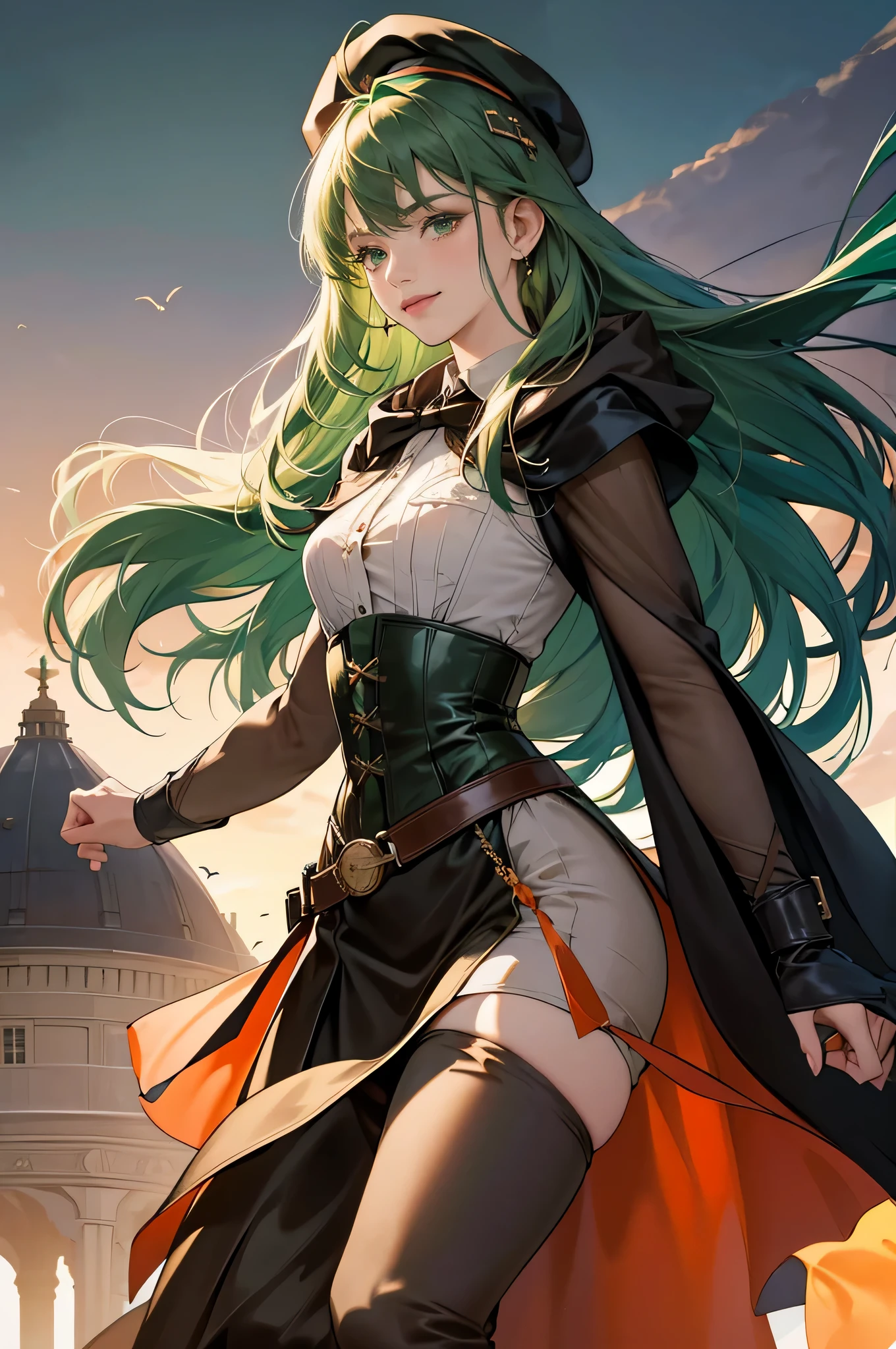 c.c.,  (expressionless, cowboy shot:1.4), code geass, geass, 
(masterpiece, best quality, ultra-detailed, best shadow), (beautiful detailed face, beautiful detailed eyes),
green hair, orange eyes, 
(black bodysuit, zero suit:1.1), black and red cape, zero \(code geass\), zero mask, 
mksks style, beautiful background, outdoors, landscape with form