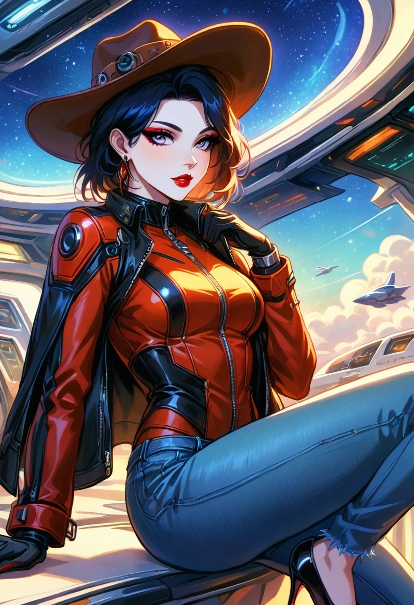 masterpiece, pale skin, red lips, light eyes, Eyeshadow, A beautiful woman wearing a stylish cowboy hat in an alien spaceship,Cyberpunk cowboy in starship,Futuristic starry sky background,Alien Technology,Mechanical Cowboy,Wearing a red and black mechanical suit, Mafia style mechanical suit,Wearing a stylish cowboy hat,Jeans and high heels, Very detailed body, Alien Technology in detail, Chiaroscuro, Natural light, Very detailed, Magnificent starry sky
