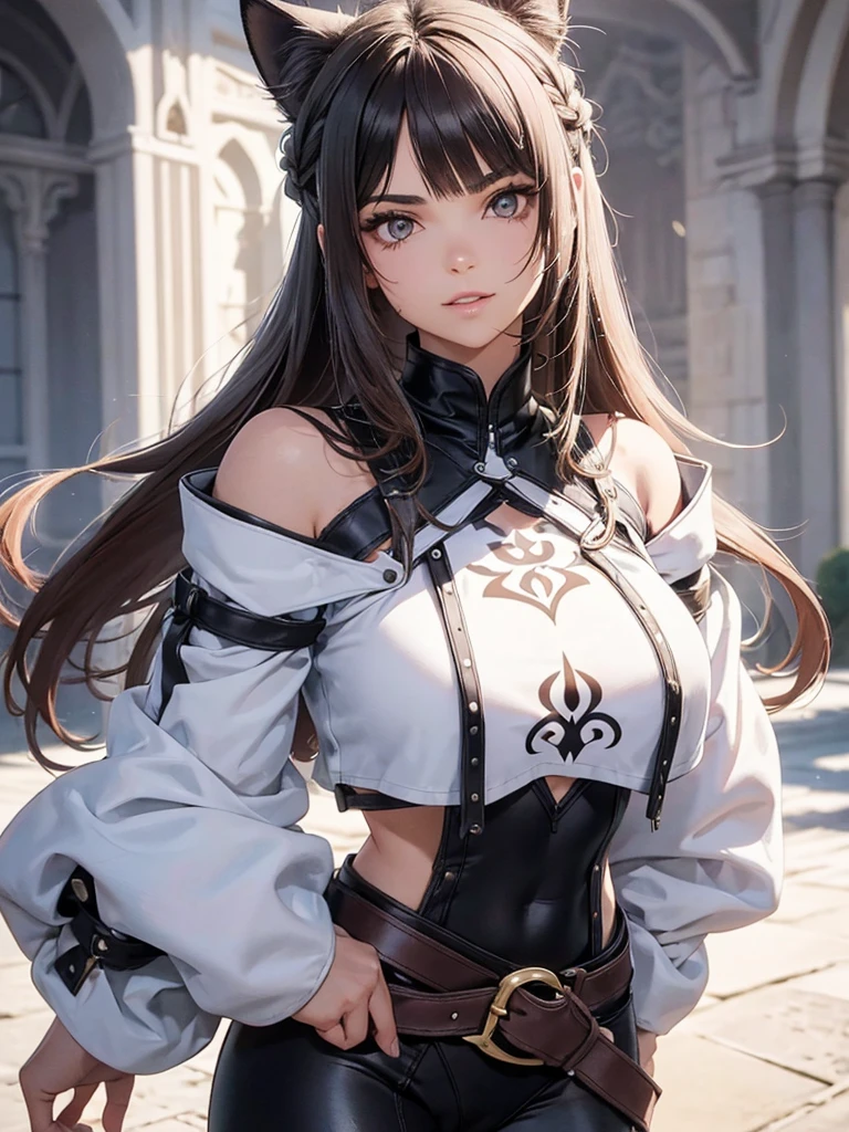 beautiful young female warrior fighter with cat ears on her head, com rosto bem detalhado e bonito, belos olhos, belos olhos, rosto lindo, beautiful young woman wearing long brown leggings with black details, sueter apertado branco, standing in a castle, usando bota preta, cabelo comprido com franja preto, ,orelhas de gato, belo sorriso, tomboy, um pouco musculosa,suter branco com cinta em volta, olhar serio,usando jaqueta de couro apertado preto, com ombreiras de prata nos ombros