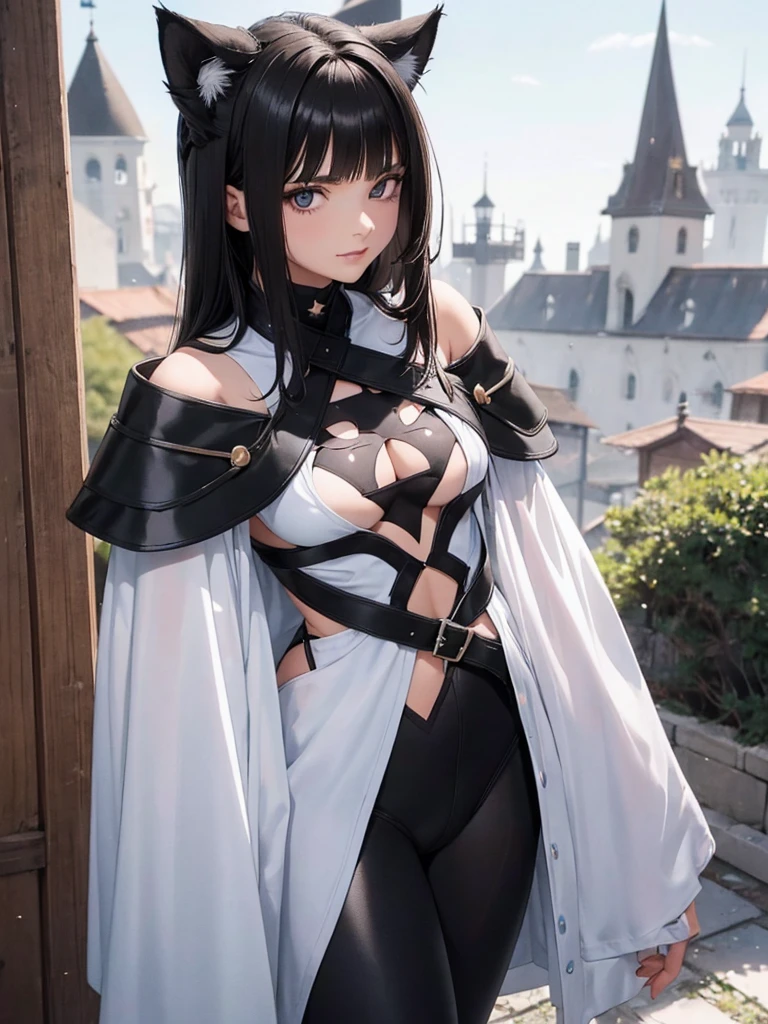 beautiful young female warrior fighter with cat ears on her head, com rosto bem detalhado e bonito, belos olhos, belos olhos, rosto lindo, beautiful young woman wearing long brown leggings with black details, sueter apertado branco, standing in a castle, usando bota preta, cabelo comprido com franja preto, ,orelhas de gato, belo sorriso, tomboy, um pouco musculosa,suter branco com cinta em volta, olhar serio,usando jaqueta de couro apertado preto, com ombreiras de prata nos ombros