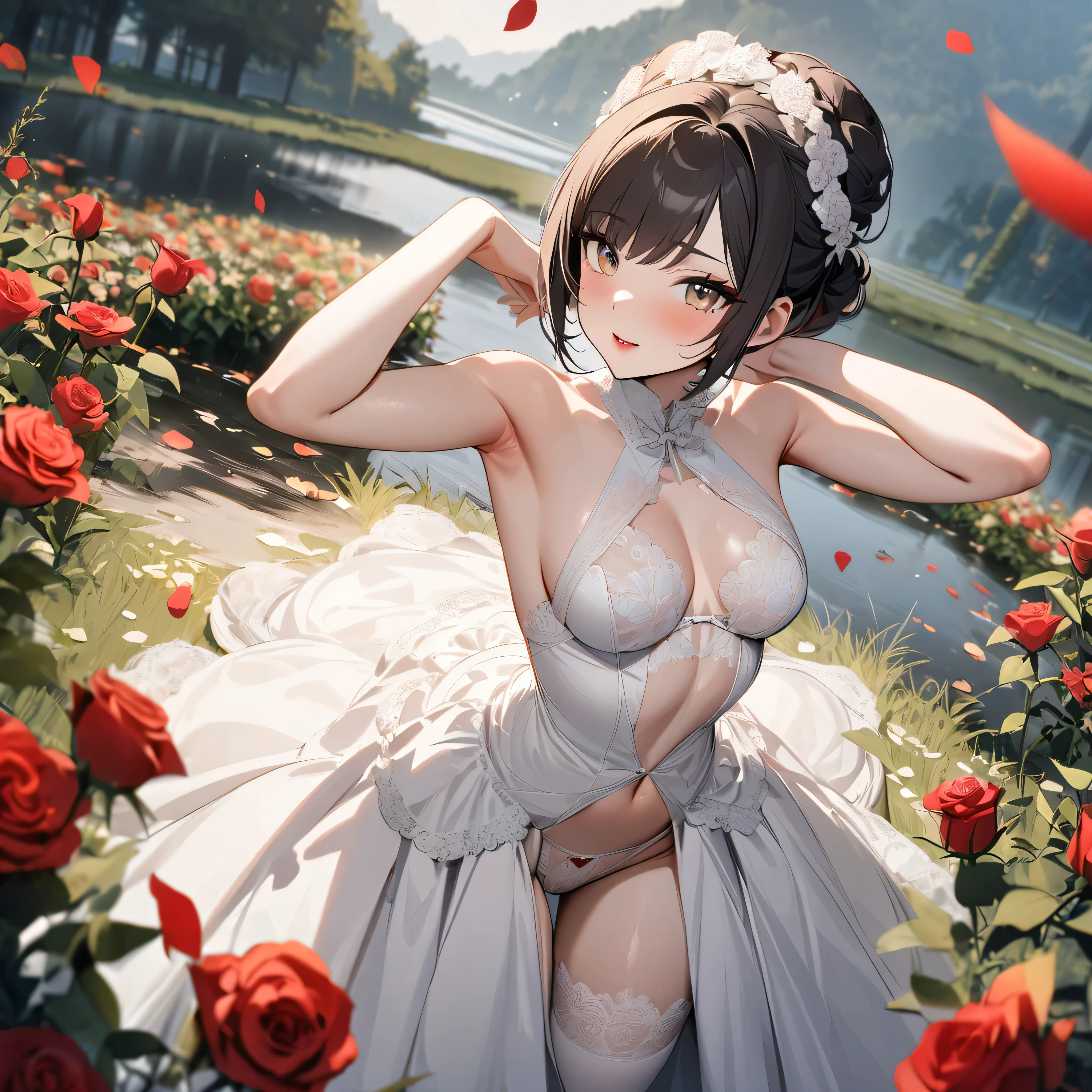 masterpiece, 1girl, chignon hairstyle, natural black hair, altar on field near the river, long eyeliner, red lipstick, sexy pose, flowers, medium breast, pale brown eyes, white stocking, rose petals, sexy pose, white laced underwear, wedding