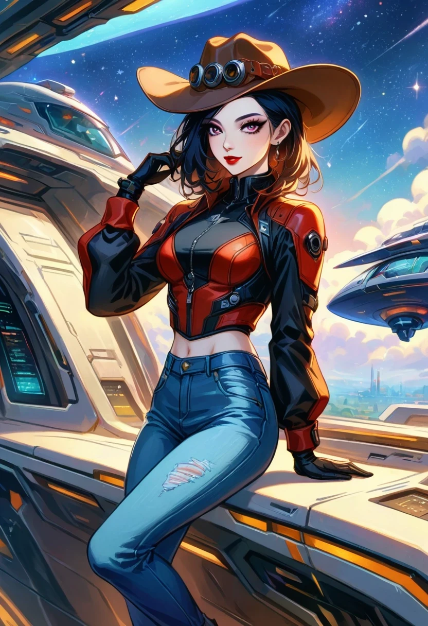 masterpiece, pale skin, red lips, light eyes, Eyeshadow, A beautiful woman wearing a stylish cowboy hat in an alien spaceship，Cyberpunk cowboy in starship，Futuristic starry sky background，Alien Technology，Mechanical Cowboy，Wearing a red and black mechanical suit, Mafia style mechanical suit,Wearing a stylish cowboy hat，Jeans and high heels, Very detailed body, Alien Technology in detail, Chiaroscuro, Natural light, Very detailed, Magnificent starry sky