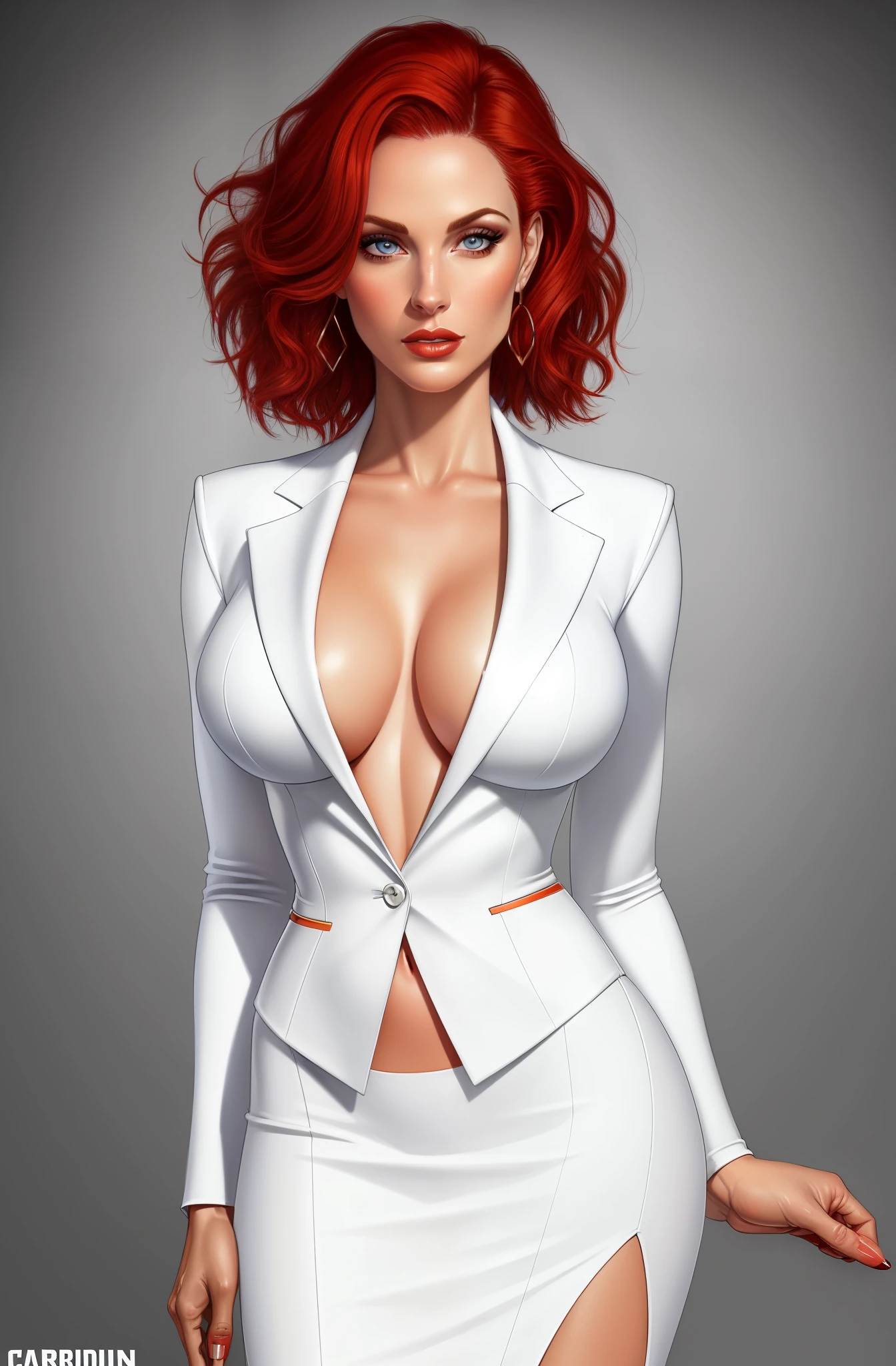 high quality,resolution:8k,realistic,Carolyn Dunn,red hair,bobcut,beautiful detailed eyes,beautiful detailed lips,white suit,pencil skirt,high heels,vivid colors,portraits,studio lighting