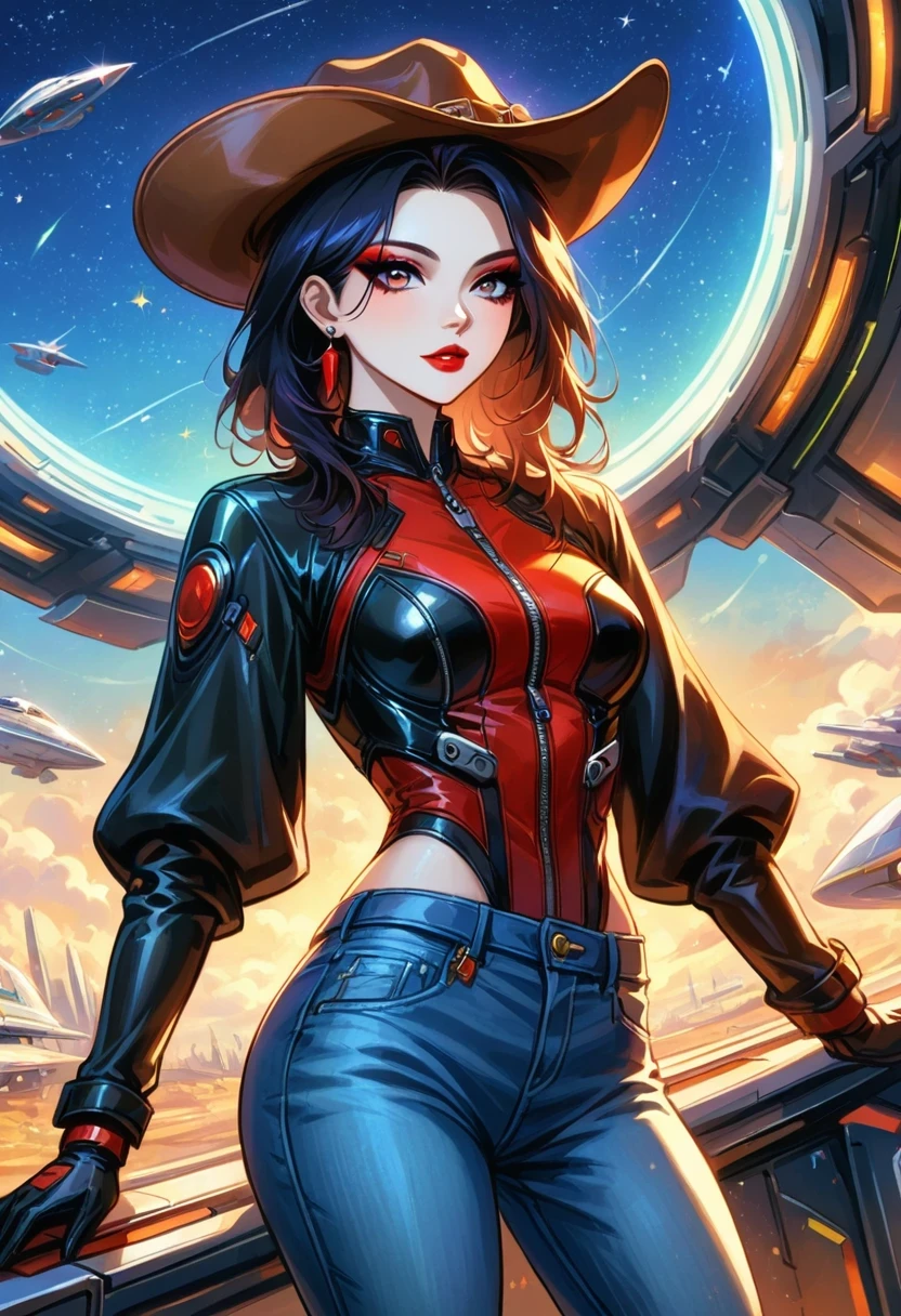 masterpiece, pale skin, red lips, light eyes, Eyeshadow, A beautiful woman wearing a stylish cowboy hat in an alien spaceship,Cyberpunk cowboy in starship,Futuristic starry sky background,Alien Technology,Mechanical Cowboy,Wearing a red and black mechanical suit, Mafia style mechanical suit,Wearing a stylish cowboy hat,Jeans and high heels, Very detailed body, Alien Technology in detail, Chiaroscuro, Natural light, Very detailed, Magnificent starry sky