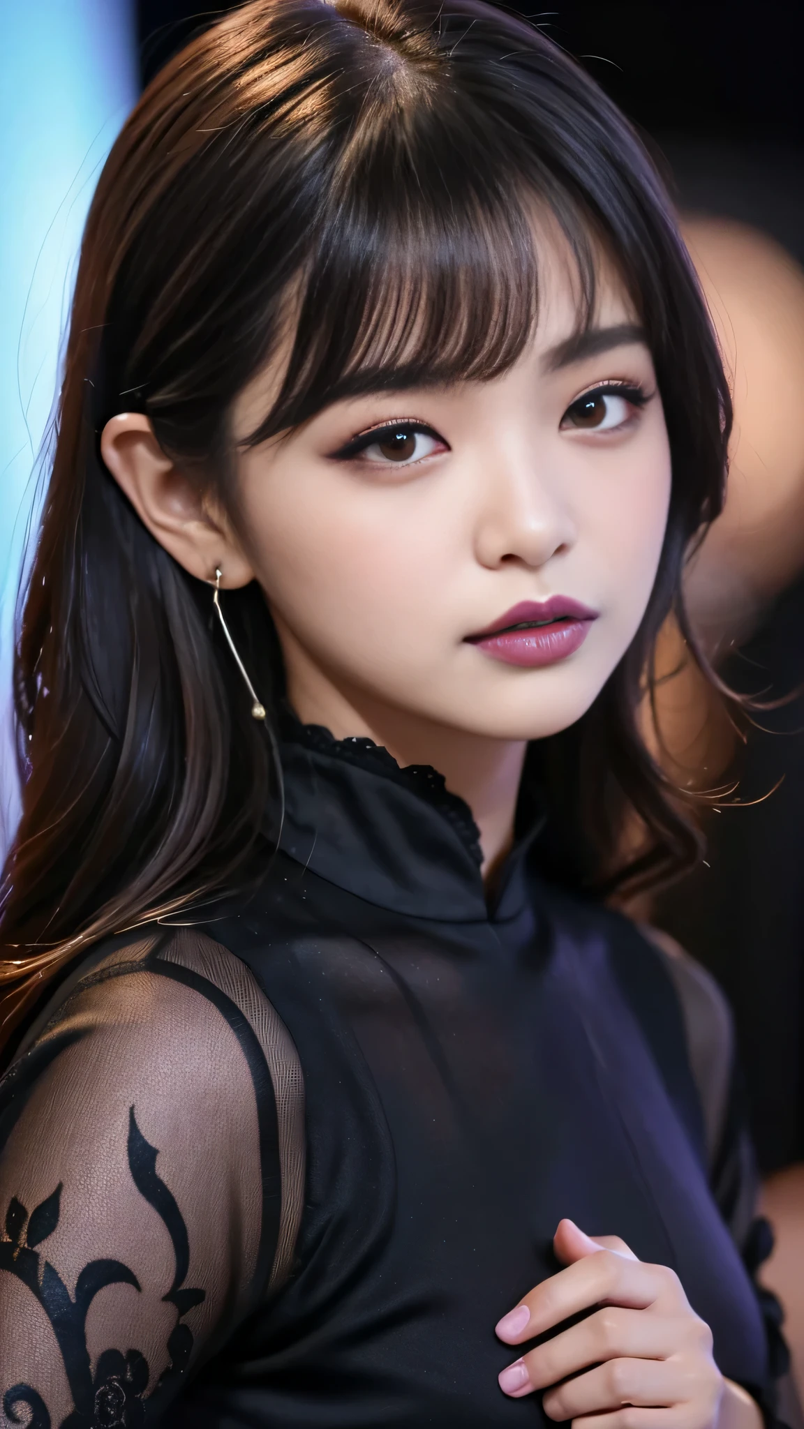 tra-detailed、Japanese、Attractive beauty、seductive adult woman、Pretty Woman、cool girl、brown hair、wavy hair、swept bangs、piercing eyes、hollow eyes、half-closed eyes、Hollow Eyes、Purple Eyeshadow、black lipstick、black lip gloss、dark makeup、smirk、Whisper in my ear、Evil expression、Long Black Cheongsam、Black wide sleeves、Evil cadres、Fallen into evil、brainwash、mind control、evil、Church at night、Swear allegiance、Are standing