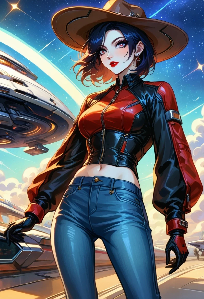 masterpiece, pale skin, red lips, light eyes, Eyeshadow, A beautiful woman wearing a stylish cowboy hat in an alien spaceship，Cyberpunk cowboy in starship，Futuristic starry sky background，Alien Technology，Mechanical Cowboy，Wearing a red and black mechanical suit, Mafia style mechanical suit,Wearing a stylish cowboy hat，Jeans and high heels, Very detailed body, Alien Technology in detail, Chiaroscuro, Natural light, Very detailed, Magnificent starry sky