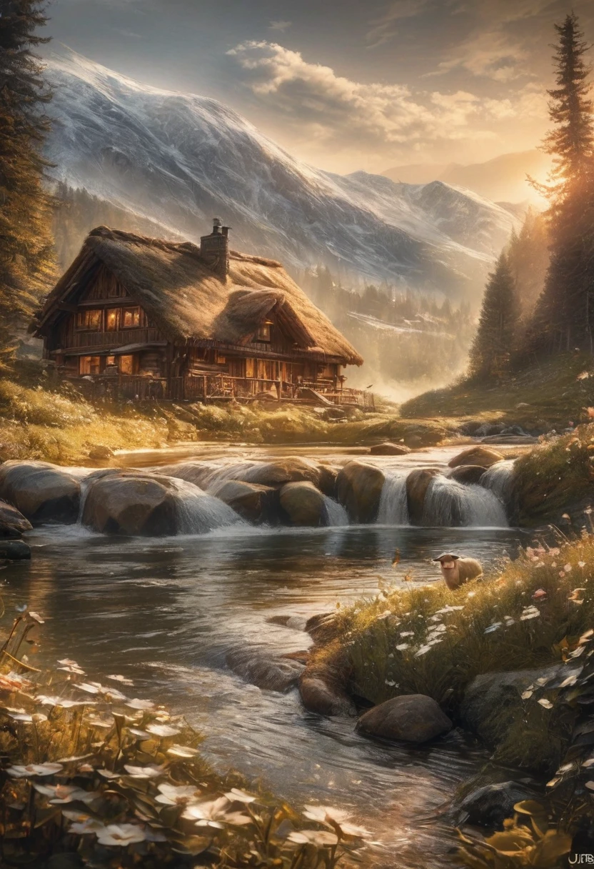 amazing, masterpiece, detailed, super detailed, clear, breathtaking, work of art, realistic, realistic, cozy, highest quality , 8K, sharp, HDR, UHD , art photography art, cinema style, best quality, mountain range, a mountain cabin, meadow, waterfall flowing down from the top of the mountain, river, morning mist, dawn light, small budding flowers blooming, sheep grazing, gentle breeze