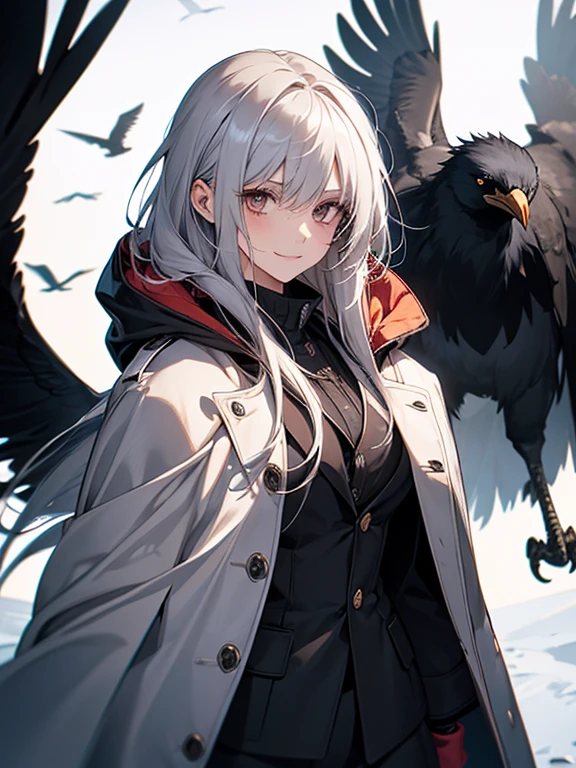 (Confused, High resolution, Very detailed), 1 female, Silver Hair,Long Hair,crow,Crows flying behind,Carried on shoulder,reddish brown eyes,Black hooded pilot coat,Black and white suit,20th generation,Beautiful woman,A shy smile,thin,Are thin,quiet,Calm,Carrying a white crow,Accompanied by many white crows,