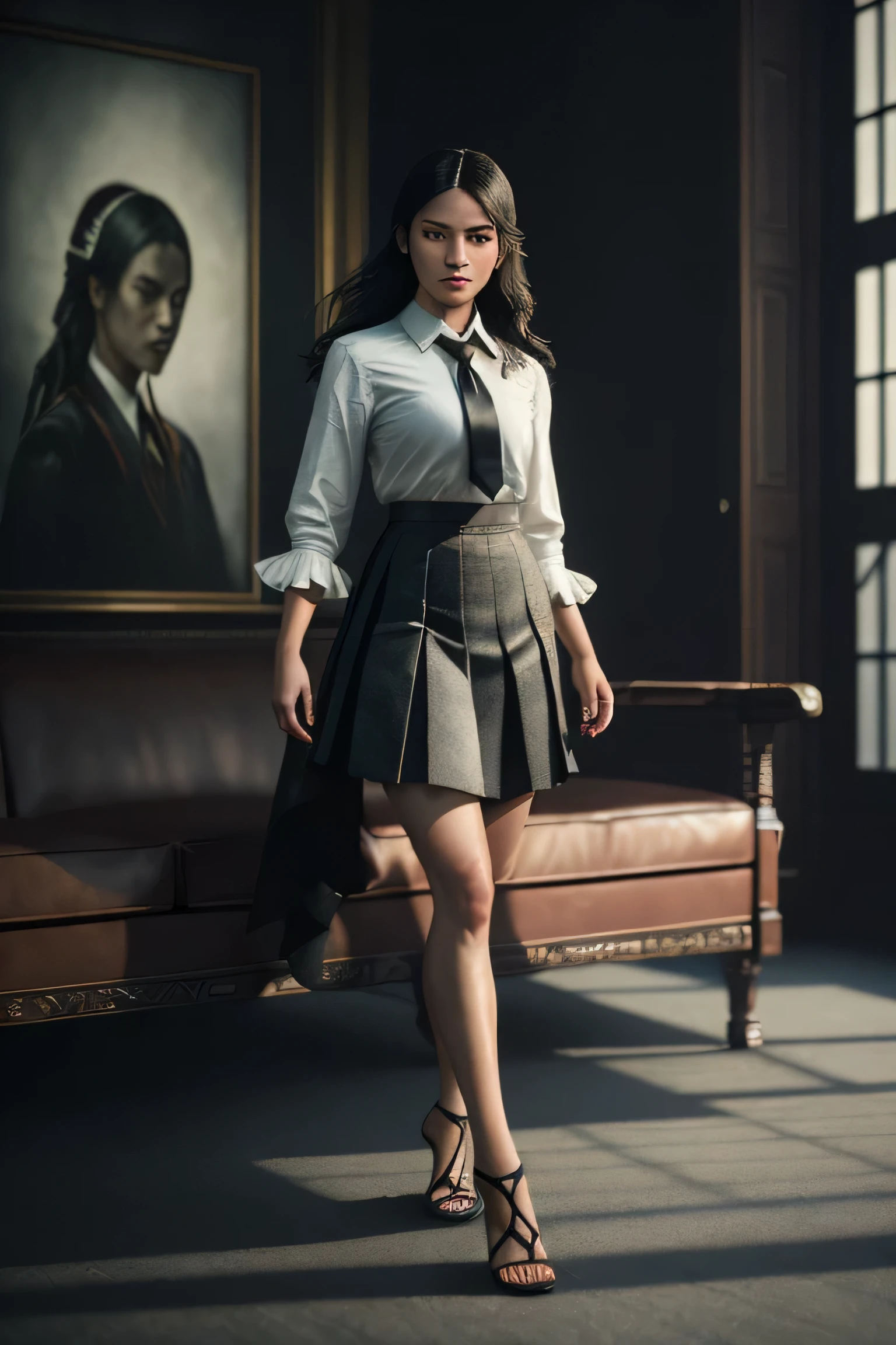 (masterpiece), (extremely intricate:1.3), (realistic), portrait of a girl, (dark fantasy, gore), (dynamic perspective), the most beautiful in the world, (kick viewers lightly), indoors, from below, shirt, tie, pleated skirt, high-heeled sandals, smirk, on the couch, Hirosaki, Aomori, professional photograph of a stunning woman detailed, sharp focus, dramatic, award winning, cinematic lighting, octane render unreal engine, volumetrics dtx, (film grain, blurry background, blurry foreground, bokeh, depth of field)
