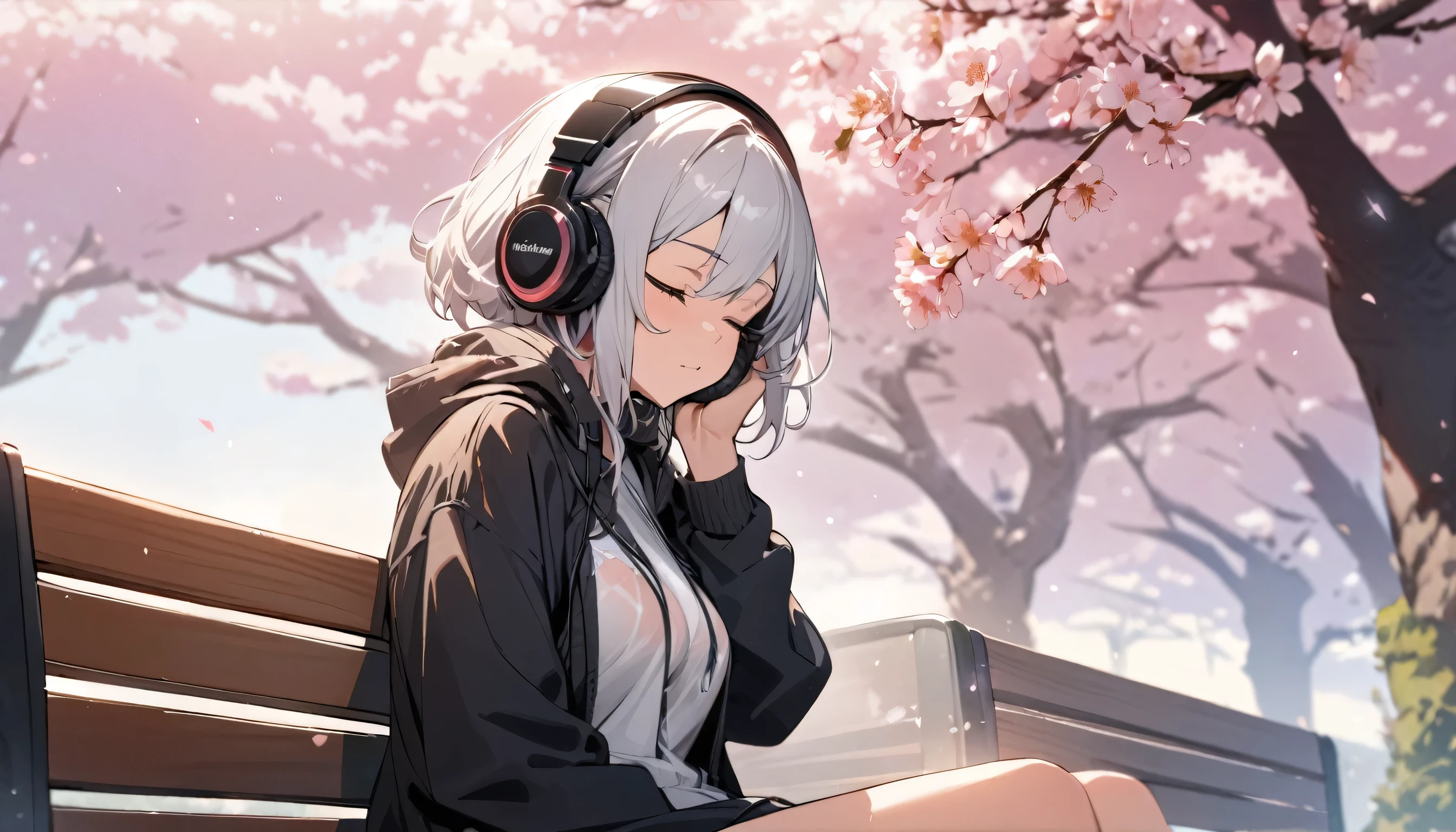 ((best quality)), ((masterpiece)), (detailed), perfect face, sitting under the cherry blossom tree, listening to music, One woman, wearing headphones, eyes closed, wearing underwear, underwear is transparent, sitting on a bench