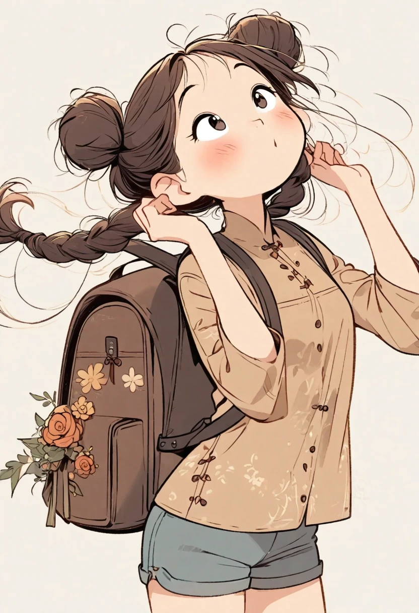 Handmade cartoon drawing style,A girl ties her hair into two buns,flower襯衫,Tall,shorts,Crossbody backpack,Raise your hands high,happy looking up standing posture,flower,Super exquisite picture quality.