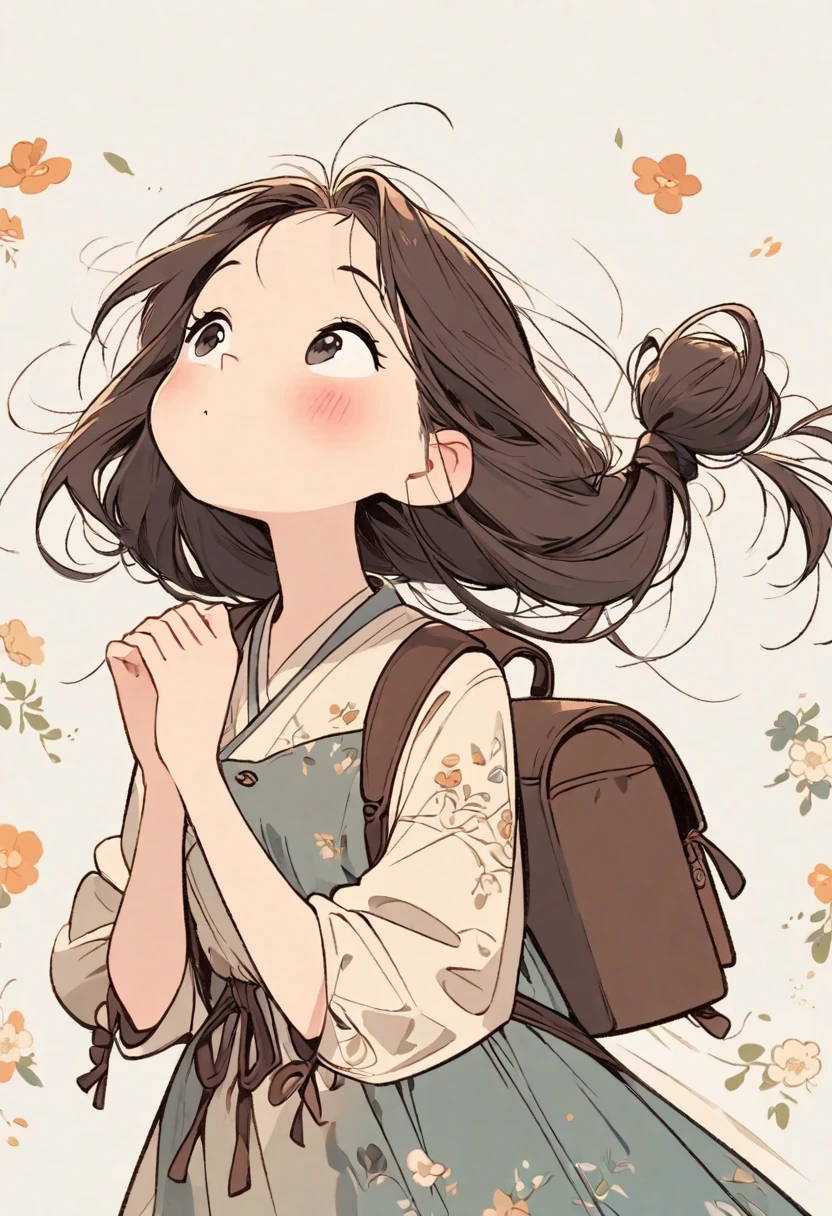 Handmade cartoon drawing style,A girl ties her hair into two buns,flower襯衫,Tall,shorts,Crossbody backpack,Raise your hands high,happy looking up standing posture,flower,Super exquisite picture quality.