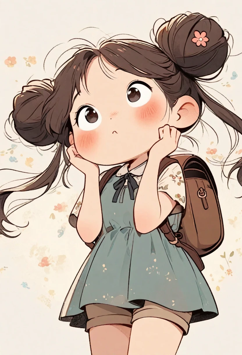 Handmade cartoon drawing style,A girl ties her hair into two buns,flower襯衫,Tall,shorts,Crossbody backpack,Raise your hands high,happy looking up standing posture,flower,Super exquisite picture quality.