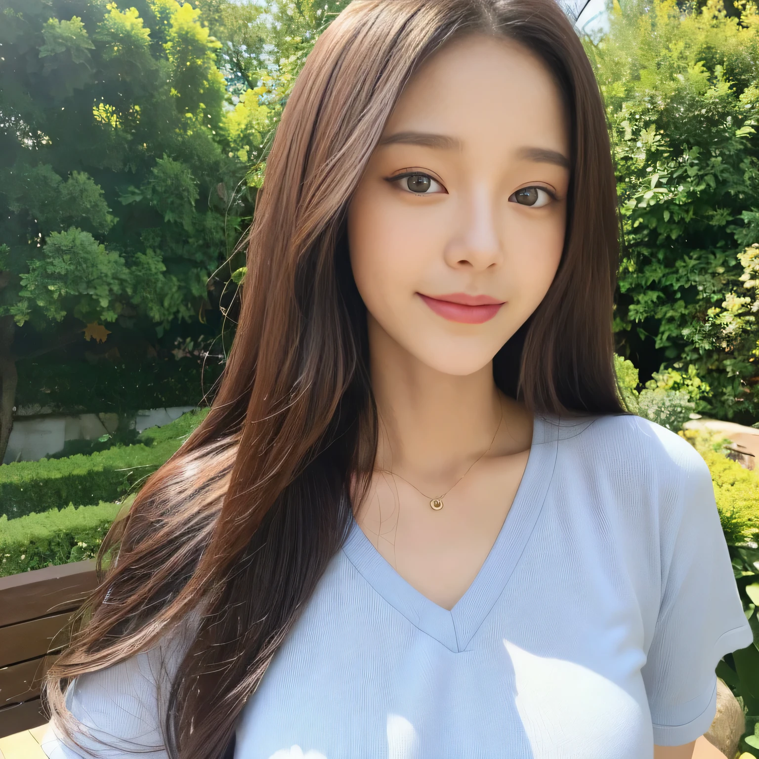 ((highest quality, 8K, masterpiece:1.3)), concentrated:1.2, Perfect body beauty:1.4, Hips:1.2, ((Delicate Hair)), (A fashionable summer T-shirt with a colorful irregular neckline, back tie and slim fit.、 :1.1) , ((highest quality、8K、masterpiece:1.3))、1 Girl、A sloppy smile、Esbian all over、Slim face、Big 、Beautiful woman、(Dark Brown Hair)、、1.1、Flickering Valley、Detailed eyes、double eyelid、Blurred Background、超Slim face、Looking down、garden、