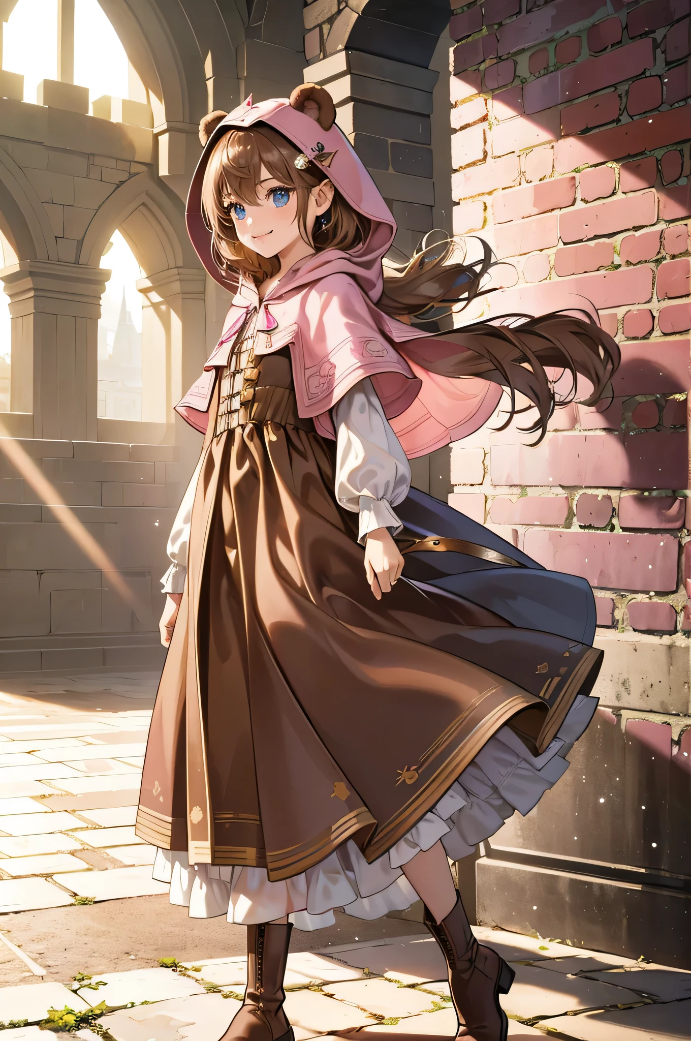 masterpiece, ultra detailed, 8K Portrait, Raw photo, a portrait photo of, Highly detailed face, beautiful and meticulous eyes, ((Fantasy)), 7 year old girl, Light brown short hair, Kind face, Cute smile, adventurer, (((Little bear ear attached Hooded))) (((Pink-brown silk long-caped))) Fluttering in the wind, Leather boots, one side blue earring, Hold a Maple Syrup Bottle, Midday Sun, Hyper realistic, in a castle, Ambient lighting, Shadow details , strong breeze, Light fog