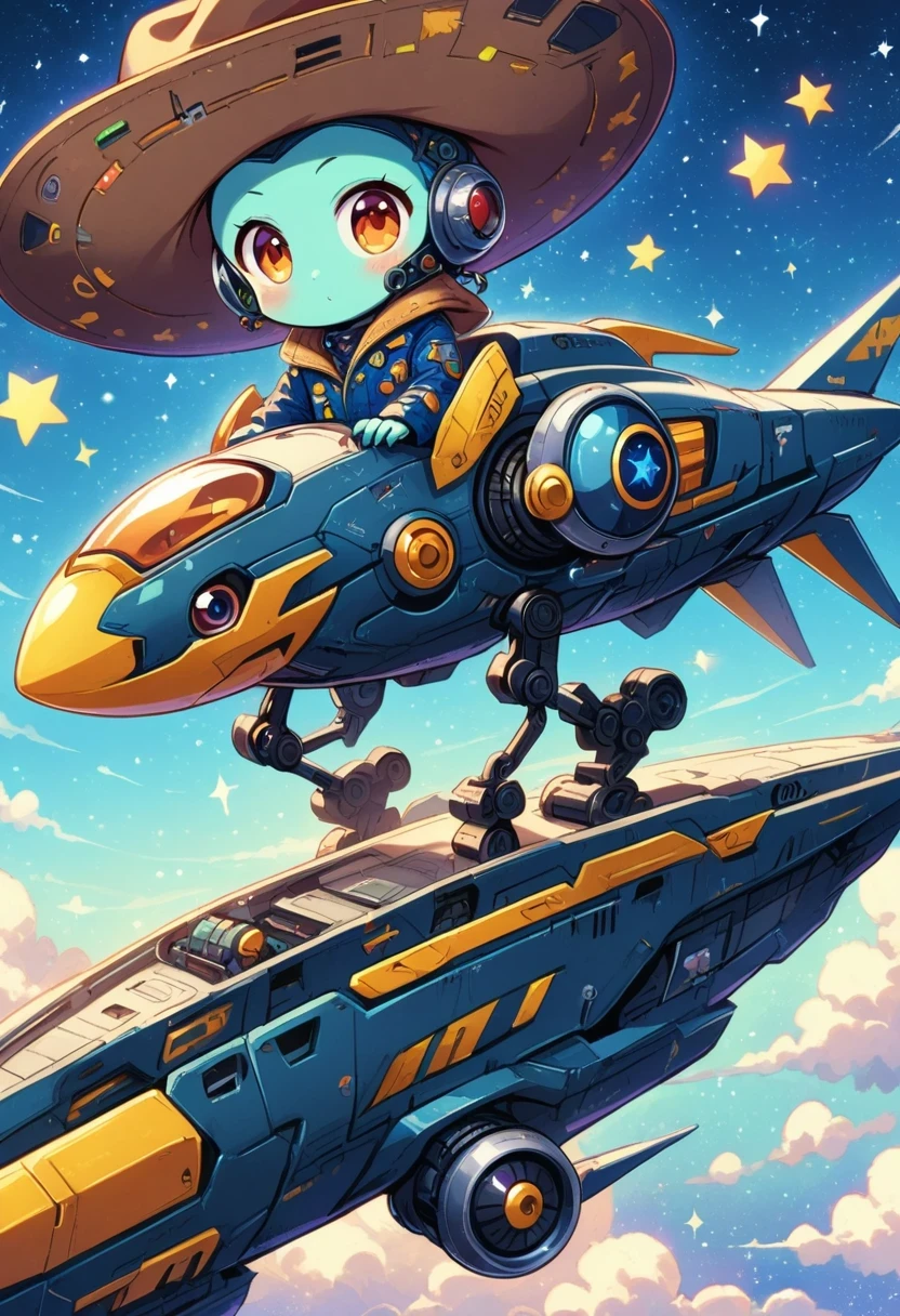 Alien in denim suit on alien spaceship，Wearing a stylish cowboy hat，Futuristic starry sky background，Alien Technology，Mechanical Cowboy，Mechanical spaceship