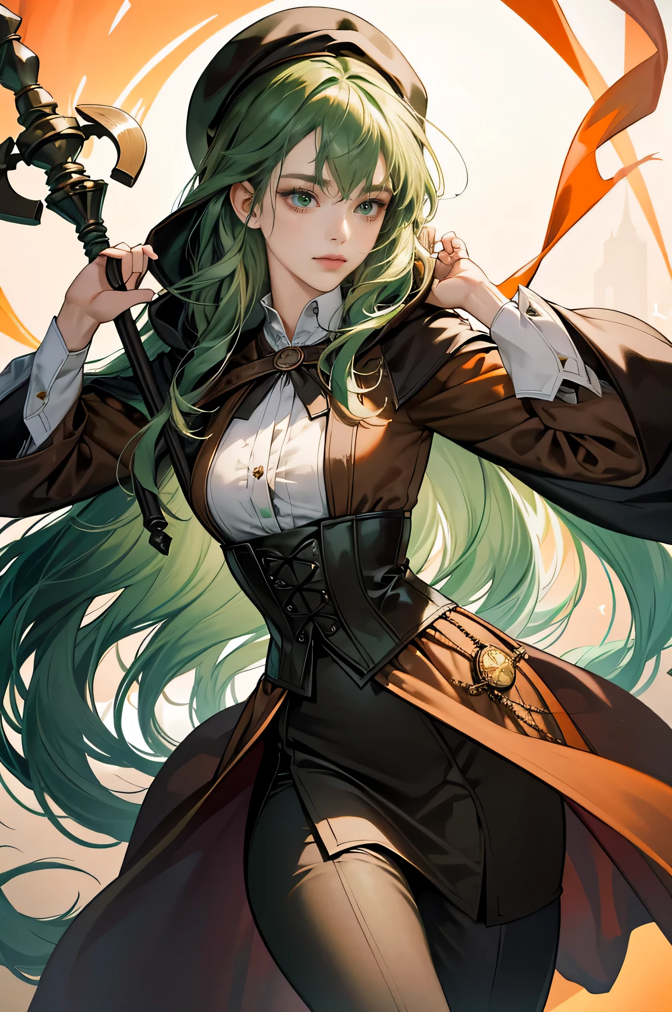 masterpiece, ultra detailed, 8k portrait, RAW photo, portrait photography, highly detailed face, beautiful and meticulous eyes, ((Fantasy)), Young beautiful, 22 years old, dynamic pose, (((Long Straight deep green hair))), ((One side is woven with orange ribbon)), blunt bangs, beret, White skin color, Luxury, hooded (((dark brown))) (((silk long cloak))) fluttering in the wind, (((dressed shirt))), (((silk maxi skirt))), leather corset, (((dark thigh high tights))), high cut leather boots, (((lift up long magical staff))), ((equip a pocket watch)), Midday Sun, hyper realistic, Body model, Small breasts, Beautiful breasts, Long legs, in the castle, Ambient lighting, Shadow details , Camera focus on face, strong breeze, Light fog