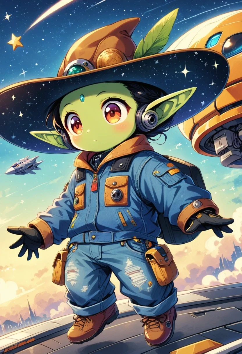Alien in denim suit on alien spaceship，Wearing a stylish cowboy hat，Futuristic starry sky background，Alien Technology，Mechanical Cowboy，Mechanical spaceship