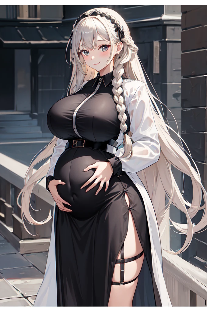 masterpiece, best quality, high resolution,Long hair, braid, Hair accessories, transparent, black shirt, white jacket, Long sleeve, Sleeves past wrist, belt, Black skirt, Long skirt, Side slits, Thigh straps, permanent, Cowboy shooting, outdoor, Smile,(Pregnant,Huge Breasts:1.8)