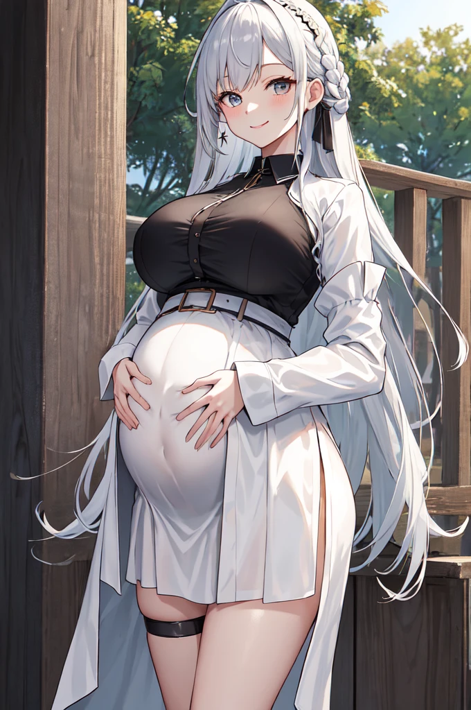 masterpiece, best quality, high resolution,Long hair, braid, Hair accessories, transparent, black shirt, white jacket, Long sleeve, Sleeves past wrist, belt, Black skirt, Long skirt, Side slits, Thigh straps, permanent, Cowboy shooting, outdoor, Smile,(Pregnant,Huge Breasts:1.8)