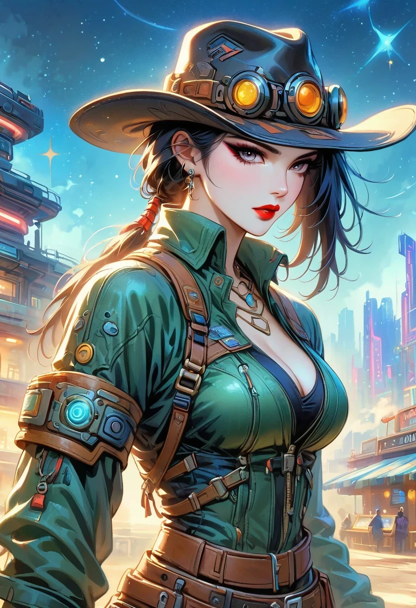 masterpiece, pale skin, red lips, light eyes, Eyeshadow, Front view of a beautiful woman wearing a stylish cowboy hat,Cyberpunk cowboy in interstellar tavern,Futuristic starry sky background,Alien Technology,Mechanical Cowboy,Wearing a red and black mechanical suit, Mafia style mechanical suit,Wearing a stylish cowboy hat,Jeans and high heels, Very detailed body, Alien Technology in detail, Chiaroscuro, Natural light, Very detailed,