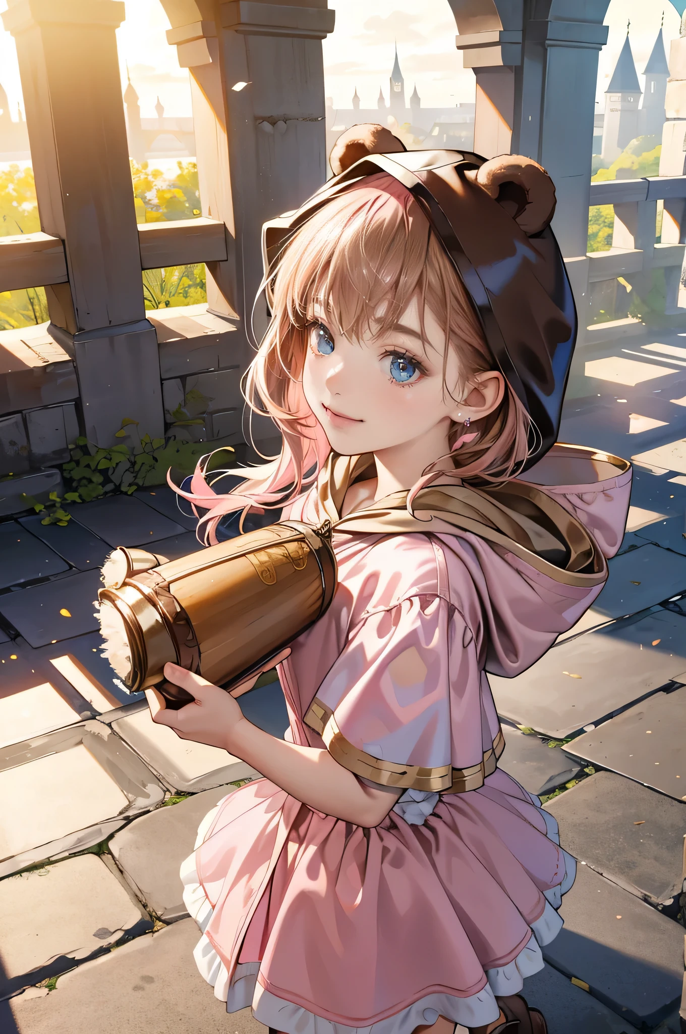 masterpiece, ultra detailed, 8K Portrait, Raw photo, a portrait photo of, Highly detailed face, beautiful and meticulous eyes, ((Fantasy)), 7 year old girl, , Light brown short hair, Kind face, Cute smile, adventurer, (((Little bear ear attached Hooded))) (((Pink-brown silk long-caped))) Fluttering in the wind, Leather boots, one side blue earring, Hold a Maple Syrup Bottle, Midday Sun, Hyper realistic, in a castle, Ambient lighting, Shadow details , strong breeze, Light fog