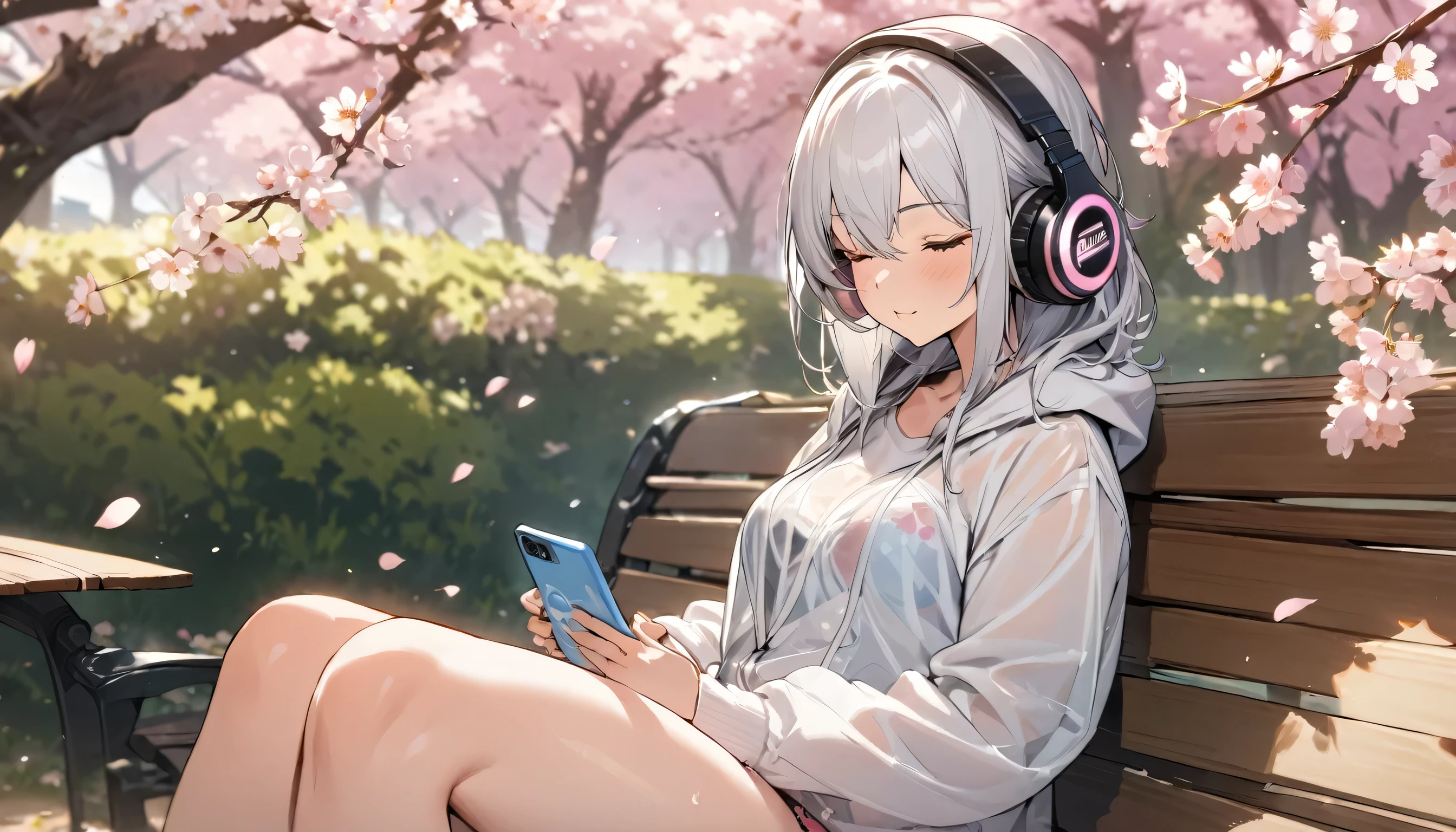 ((best quality)), ((masterpiece)), (detailed), perfect face, sitting under the cherry blossom tree, listening to music, One woman, wearing headphones, eyes closed, wearing underwear, underwear is transparent, sitting on a bench