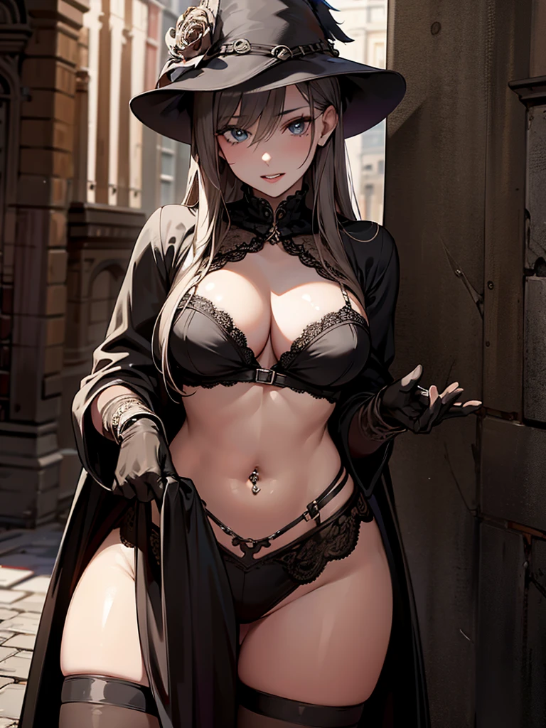 (masterpiece、top-quality、hight resolution、Unity 8k、extremely details CG:1,Best Picture)、hunter (bloodborne)、(((prostitute、seduction)))、Road at night、nsfw、Makeup, Lipstick, Accessories、Emphasizes cleavage、navel piercing