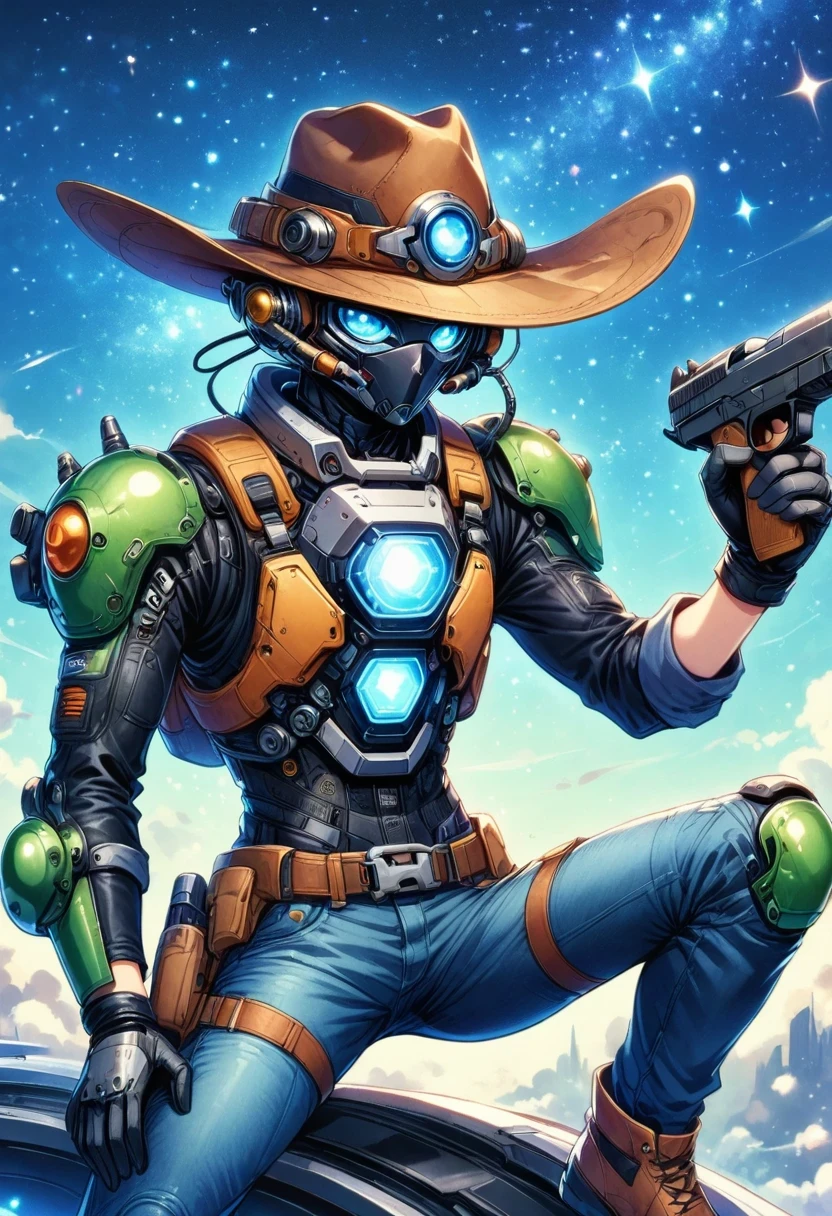 Alien in denim suit on alien spaceship，Wearing a stylish cowboy hat，Futuristic starry sky background，Alien Technology，Mechanical Cowboy，Mechanical spaceship