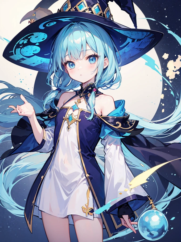 anime style character,kawaii small young shota,
long loose light_blue hair, magic shoulder protector,
light_blue witch dress,witch hat,