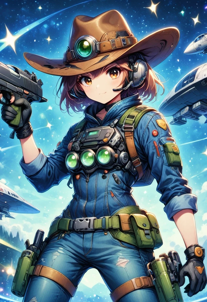 Alien in denim suit on alien spaceship,Wearing a stylish cowboy hat,Futuristic starry sky background,Alien Technology,Mechanical Cowboy,Mechanical spaceship