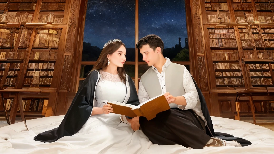 Create a masterful masterpiece The cover features a large, dominant image of an royal and old aesthetic library  against a midnight sky. The full moon shines brightly above, surrounded by stars and white clouds visible through large window. With couple reading a book romantically . 
