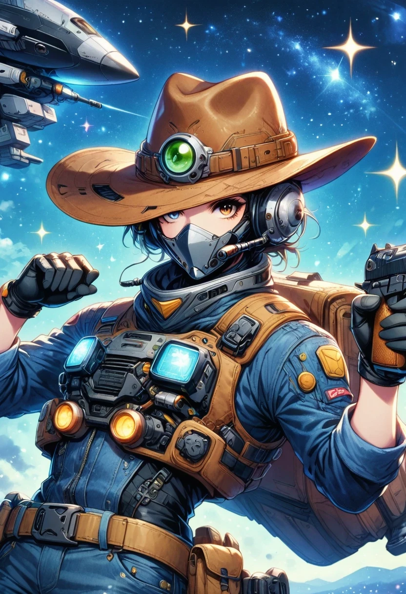 Alien in denim suit on alien spaceship，Wearing a stylish cowboy hat，Futuristic starry sky background，Alien Technology，Mechanical Cowboy，Mechanical spaceship