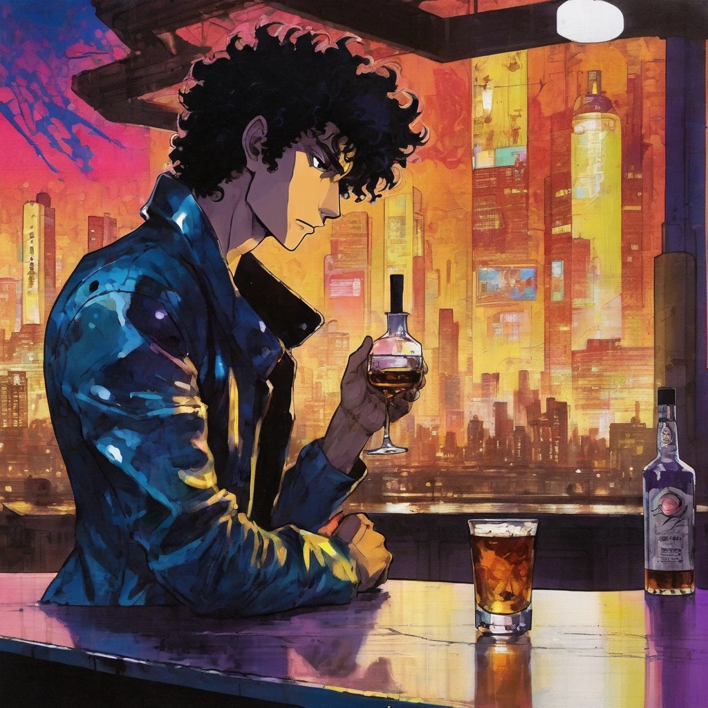 Shinichiro Watanabe style. Illustration of Spike Spiegel from Cowboy Bebop, captured in an ultra HD, vivid colors, depicting him in his signature leather jacket leaning on a bar with a glass of whiskey, cyberpunk cityscape sprawling in the background, neon signs flickering, abstract black oil patterns swirling in the wet street, detailed acrylic textures, gear mecha elements subtly integrated into the urban architecture, perfect composition applying the rule of third