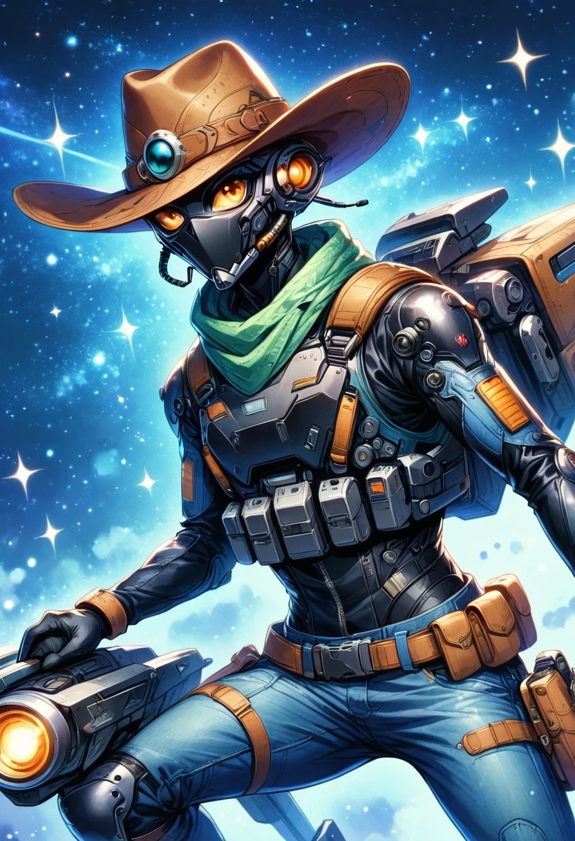 Alien in denim suit on alien spaceship，Wearing a stylish cowboy hat，Futuristic starry sky background，Alien Technology，Mechanical Cowboy，Mechanical spaceship