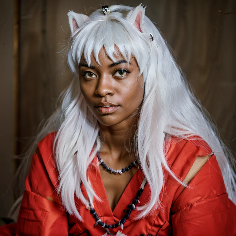 Inuyasha, dark skinned girl, dark complexion, beautiful black woman, white hair, white ears
