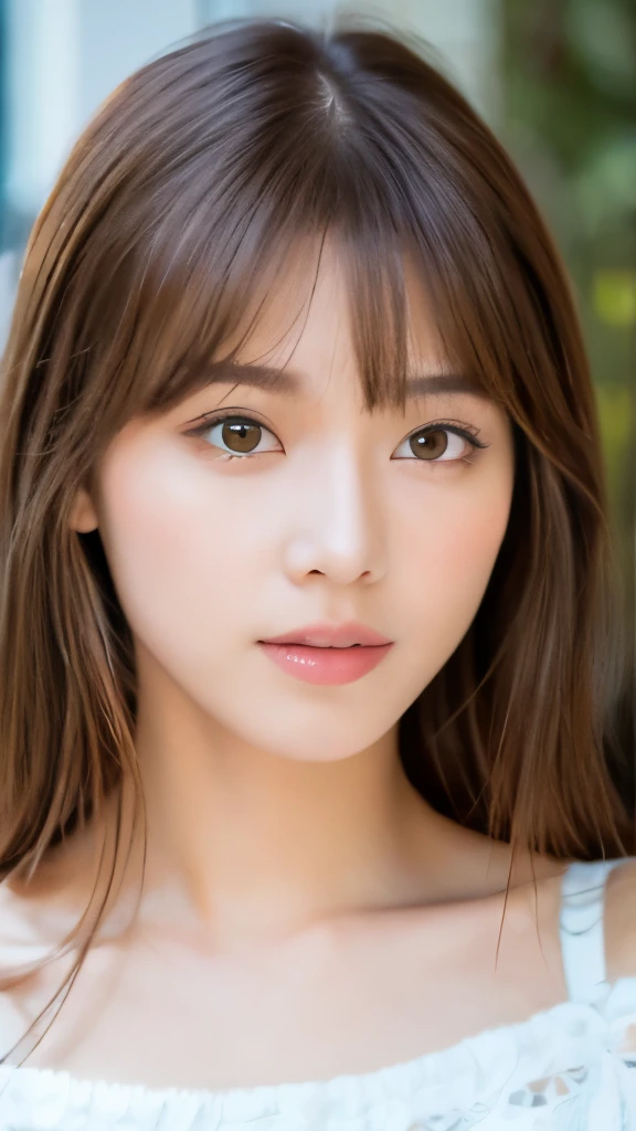 Best quality, 8k,  ,Masterpiece :1.3)), facing viewer,((full body1.2)) ,pretty woman, wide shot ,1girl, , selfie   , ,, Art Gallery  , brown hair  , bangs,ultra-detailed face, highly detailed lips, detailed eyes, double eyelid