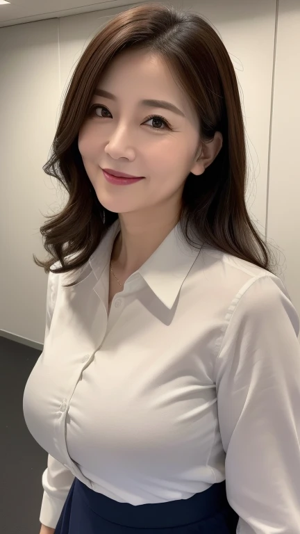 ((highest quality, 8K, masterpiece, Portraiture: 1.3)), (Watching the audience), (Full Shot:0.85), 魅力的なビジネスのMature Woman, 1 person, A little chubby:0.35,Brown wavy hair、 White collared shirt, Grey Skirt,((big breasts 2.3)) (big pelvis:0.8), (officeチェアに座っている)), smile:0.2, president'office,Good posture、(((Mature Woman))), (((56 years old)))