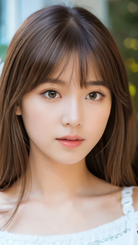 Best quality, 8k, ,Masterpiece :1.3)), facing viewer,((full body1.2)) ,pretty woman, wide shot ,1girl, , selfie , ,, Art Gallery , brown hair , bangs,ultra-detailed face, highly detailed lips, detailed eyes, double eyelid