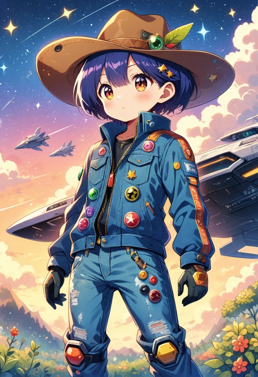 Alien in denim suit on alien spaceship,Wearing a stylish cowboy hat,Futuristic starry sky background,Alien Technology,Mechanical Cowboy,Mechanical spaceship