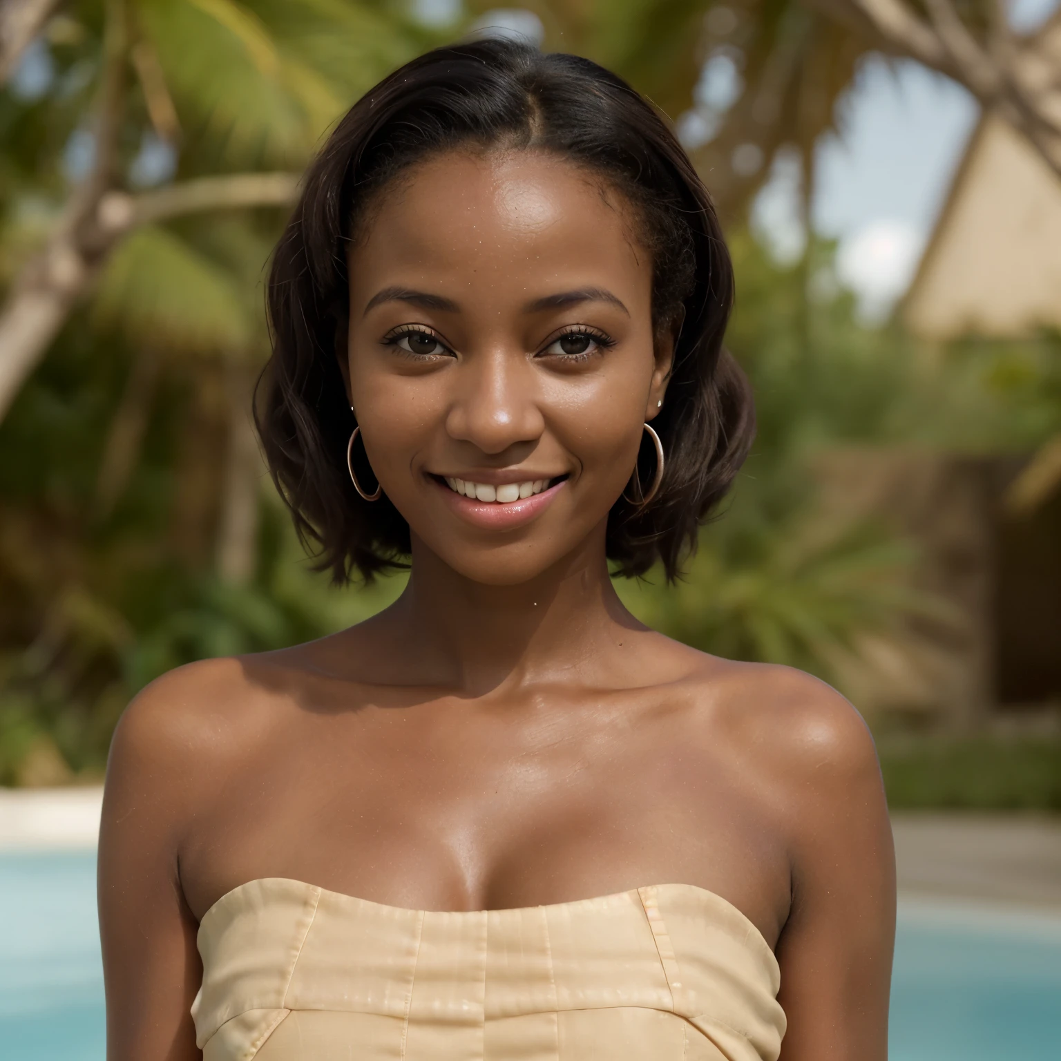 "Générer une image d'une femme africaine de 23 ans mesurant 1m68, avec une silhouette mince et proportionnée. Her complexion is bright and radiant, showcasing its natural beauty. Ses traits sont délicats et harmonieux, and her bright smile reflects her joy of living. Elle dégage une aura de confiance et d'élégance, captivant ceux qui croisent son regard."