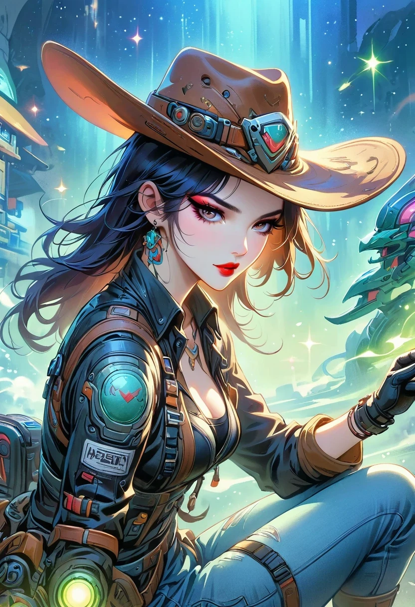 masterpiece, pale skin, red lips, light eyes, Eyeshadow, Front view of a beautiful woman wearing a stylish cowboy hat，Cyberpunk cowboy in interstellar tavern，Futuristic starry sky background，Alien Technology，Mechanical Cowboy，Wearing a red and black mechanical suit, Mafia style mechanical suit,Wearing a stylish cowboy hat，Jeans and high heels, Very detailed body, Alien Technology in detail, Chiaroscuro, Natural light, Very detailed,