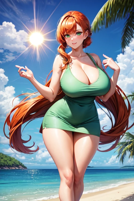 ginger hair, pony tail, green eyes, cleavage, sun dress, very tall, very long legs, island resort, huge breasts