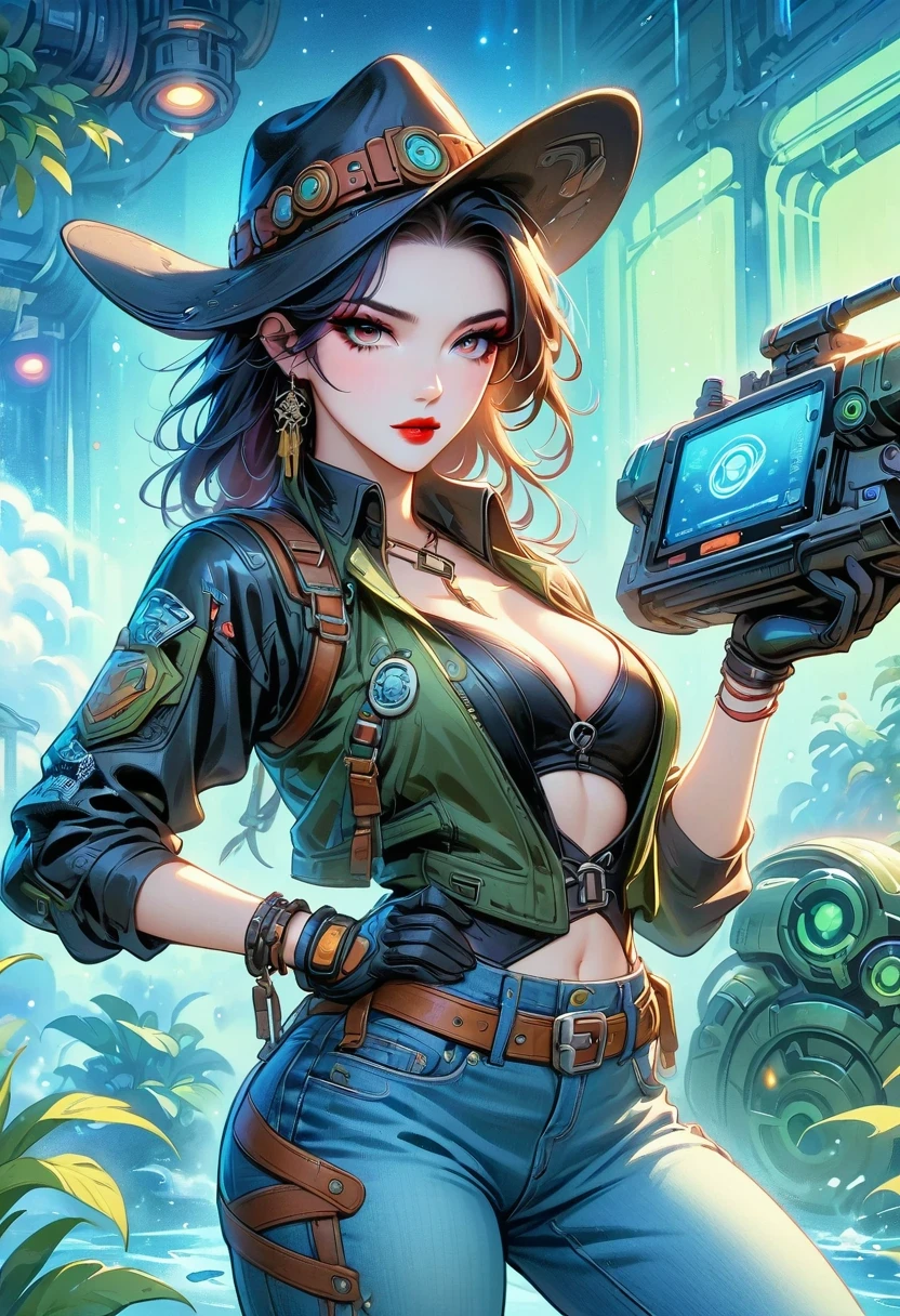 masterpiece, pale skin, red lips, light eyes, Eyeshadow, Front view of a beautiful woman wearing a stylish cowboy hat,Cyberpunk cowboy in interstellar tavern,Futuristic starry sky background,Alien Technology,Mechanical Cowboy,Wearing a red and black mechanical suit, Mafia style mechanical suit,Wearing a stylish cowboy hat,Jeans and high heels, Very detailed body, Alien Technology in detail, Chiaroscuro, Natural light, Very detailed,