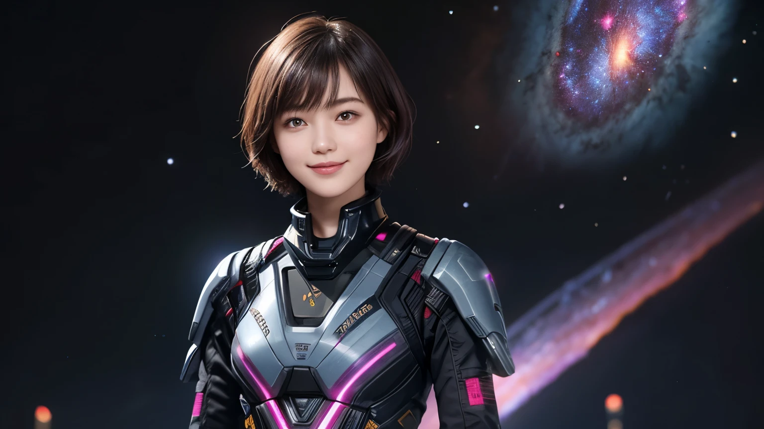 208 Short Hair, 20 year old female, Floral, A kind smile, Futuristic clothing, machinery suit, (The background is a galaxy and nebula)