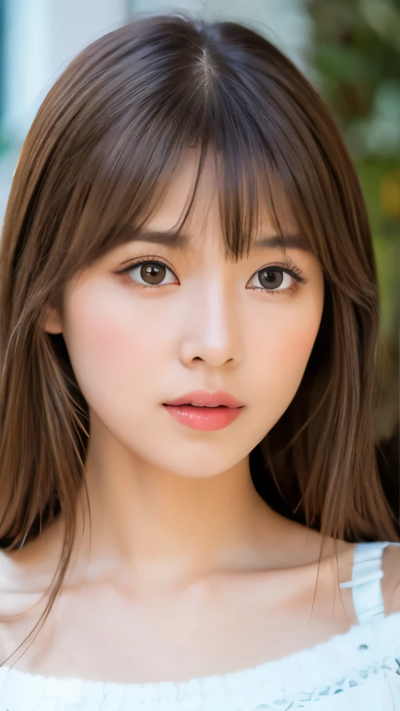 Best quality, 8k, ,Masterpiece :1.3)), facing viewer,((full body1.2)) ,pretty woman, wide shot ,1girl, , selfie , ,, Art Gallery , brown hair , bangs,ultra-detailed face, highly detailed lips, detailed eyes, double eyelid
