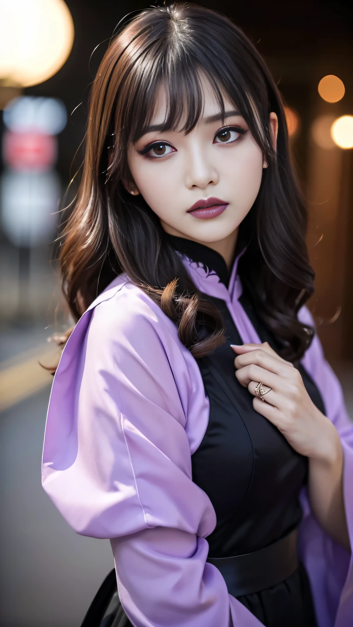 best quality、ultra-detailed、8k、Japanese、Japanese、Seductive beauty、seductive adult woman、Pretty Woman、cool girl、smirk、Wicked Smile、Villainess、brainwash makeup、Brainwashed、brainwash、Fallen into evil、Evil look、evil、Brown hair、wavy hair、swept bangs、dark makeup、piercing eyes、hollow eyes,half-closed eyes、Hollow Eyes、purple Eyeshadow、black lipstick、black lipglos、Purple Eyeshadow、black lipstick、black lip gloss、Dark Makeup、smirk、Whisper in my ear、Evil look、long black cheongsam、Wide sleeves、night、inside darkroom、Kiss、I have lipstick、Are standing、Look、Offer、shoot from below、Connected by many cords