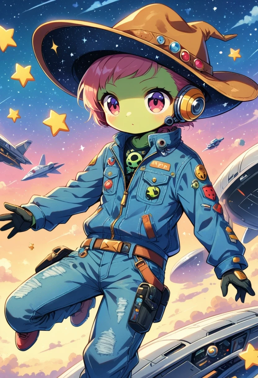 Alien in denim suit on alien spaceship,Wearing a stylish cowboy hat,Futuristic starry sky background,Alien Technology,Mechanical Cowboy,Mechanical spaceship