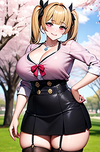 masterpiece, highest quality, High resolution, HS1, Pale pink eyes, Wide Hips, Thick thighs, inside the skirt, No sleeve, Cleavage, (Blonde), Twin tails, Blunt bangs, (Striped Hair), Pink Shirt, Black knee socks, Micro Skirt, Checked skirt, Red ribbon, Garter Straps, Huge breasts, Outdoor, Cowboy Shot, Are standing, Fur pom-pom, Keep the money, panties, A big smile, View your viewers, Thick thighs, jirai kei, Street view, cherry blossoms, necklace, ear piercing, Pearl ornaments